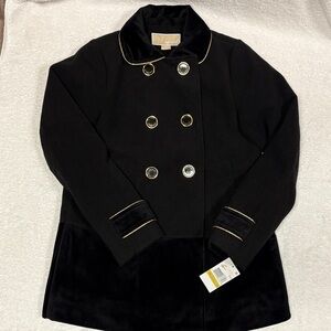 NWT Michael Kors Black dress Pea Coat black velvet trim gold piping girls 14